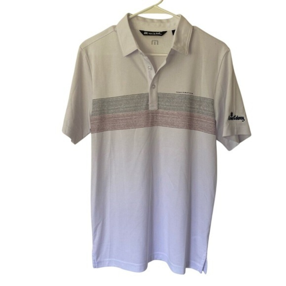 Travis Mathew Men's White Polo Shirt Red Blue Stripes Size S Casual Golf‎